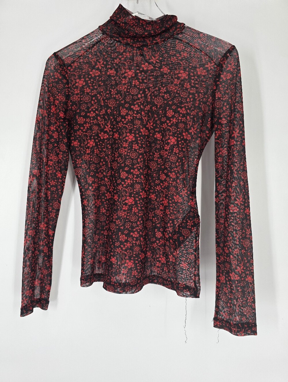 Maje Sheer Turtleneck Blouse Long Sleeve Red Black Floral Size 1 US Small